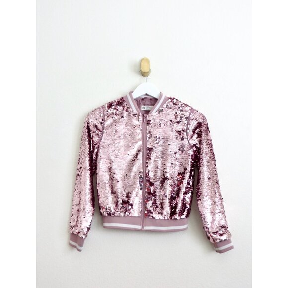 NEW! H&M Cat Sequin Bomber Jacket Pink Girls SZ 9-10 Years - Picture 3 of 6